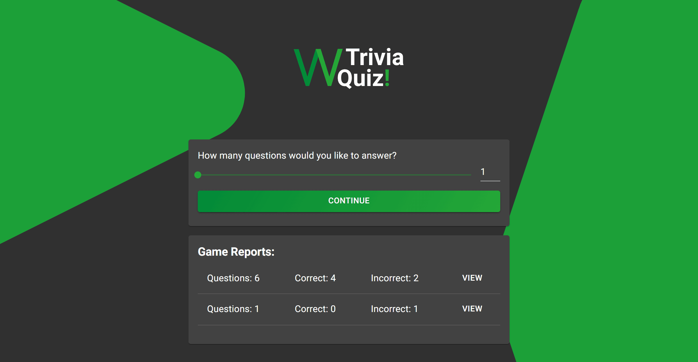 Image of Trivia Quiz Home Page